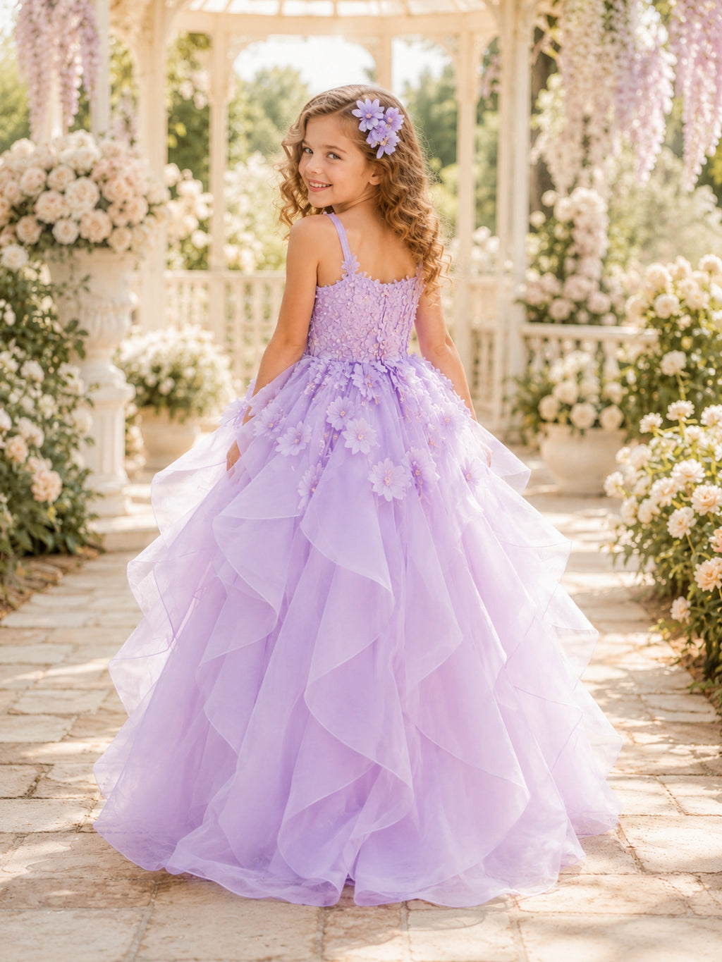 Princess Floor-Length Ball Gown Garden Flower Girl Lavender Tulle Floral Ruffle Spaghetti Dress back view