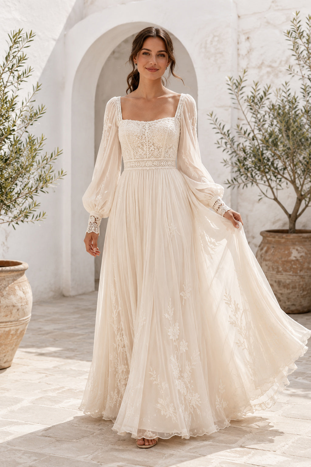 Ivory Square Neck Puff Sleeve Chiffon A-Line Wedding Dress with Low Back front view