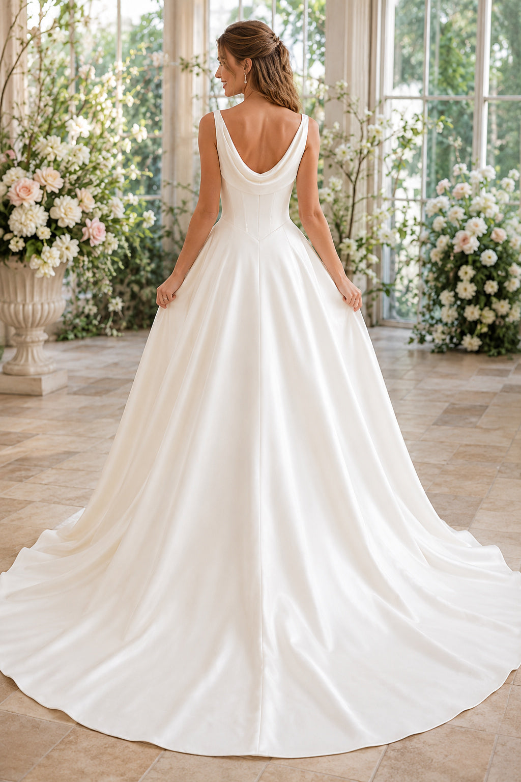 Satin Wedding Dress A-Line Strapless Sweetheart Sweep Train Bridal Gown back view