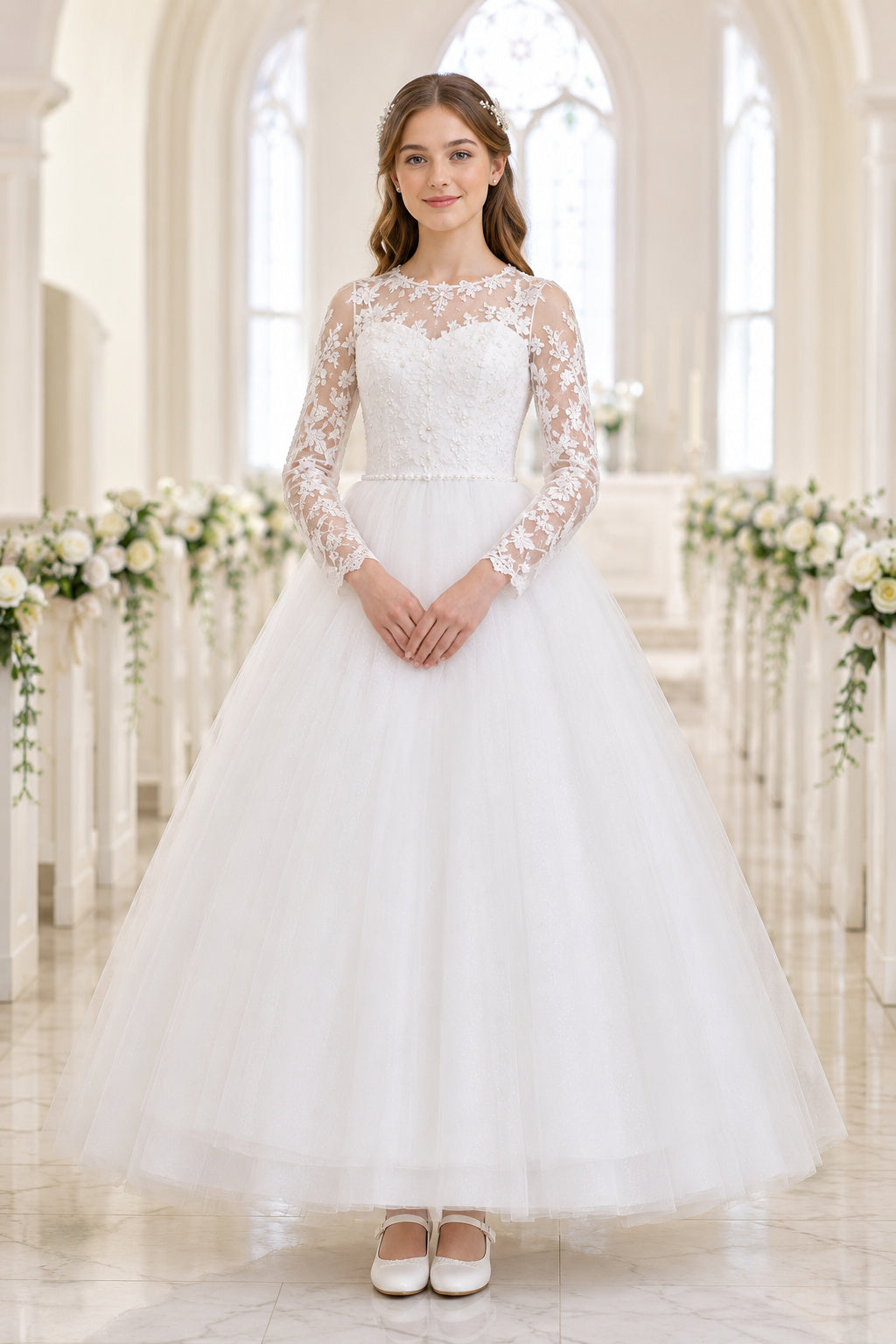 Ivory Long Sleeve Lace Princess Bodice with Full Tulle Skirt Floor Length A-Line Wedding Dress front view