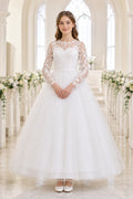 Ivory Long Sleeve Lace Princess Bodice with Full Tulle Skirt Floor Length A-Line Wedding Dress front view