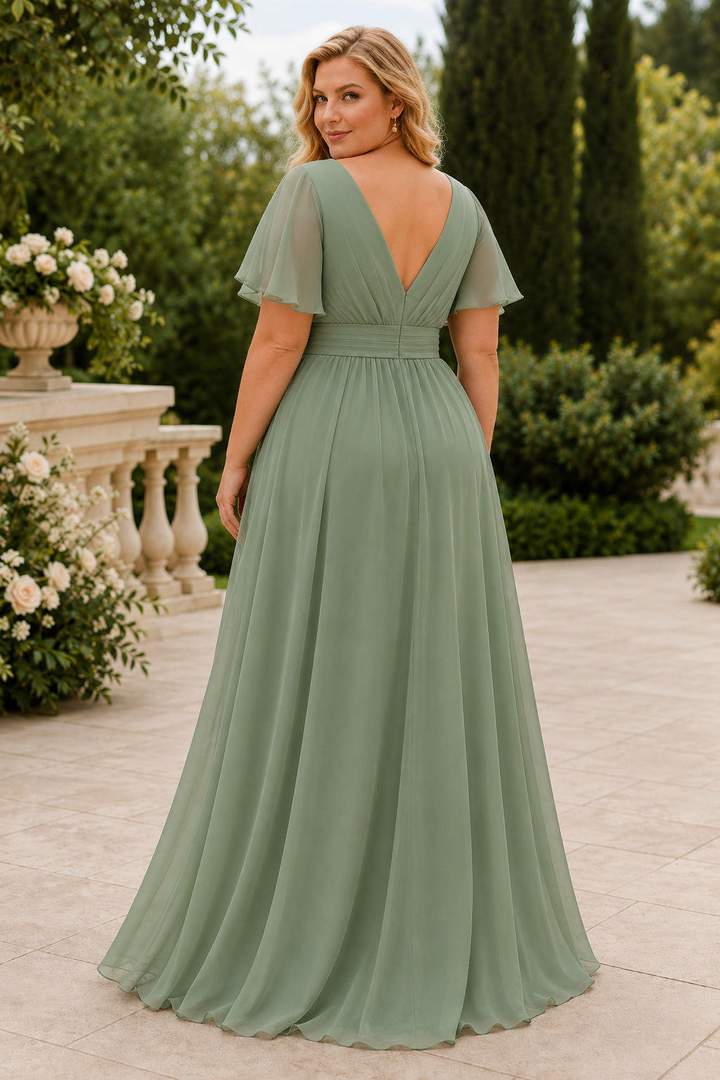 Sage Plus Size V-Neck Chiffon A-Line Bridesmaid Dress with Flutter Sleeves and Pleated Waist back view
