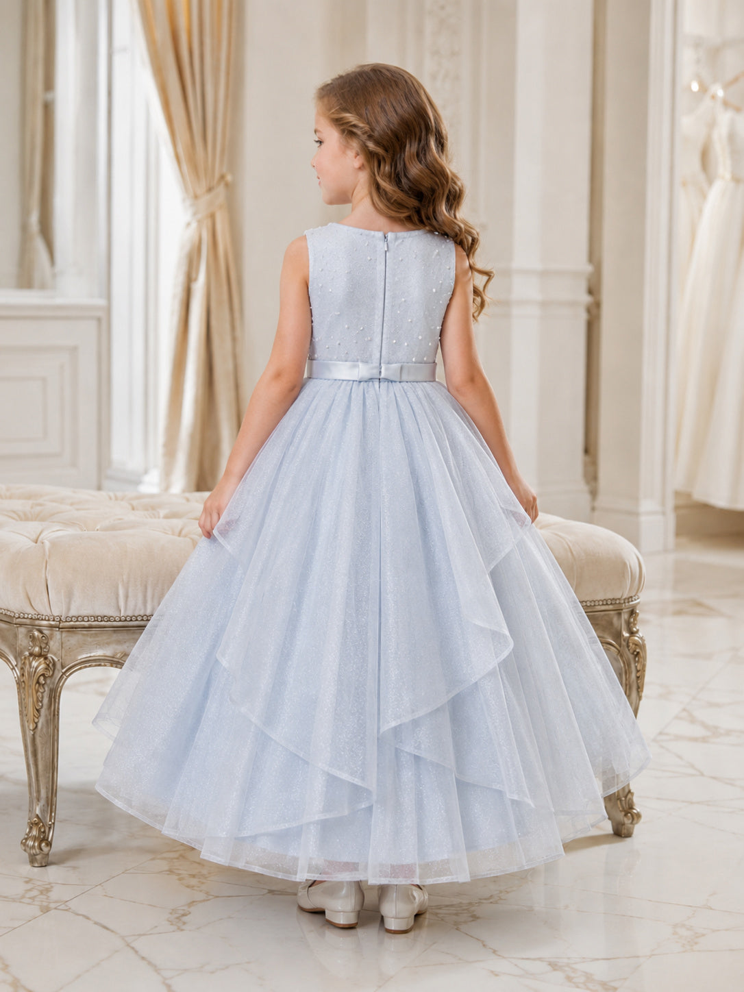 A-Line Sky Blue Tulle Flower Girl Dress Jewel Neckline Tea-length and Tiered Tulle Ruffle Detail back view