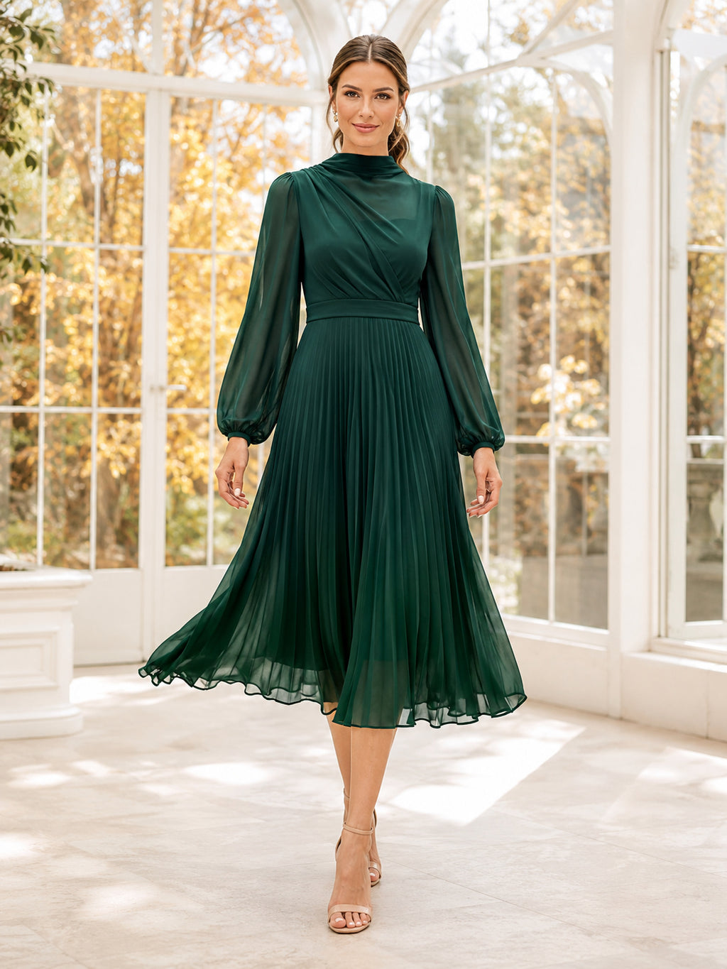 Dark Green Chiffon High Neck Long Sleeve Guest Dress front view