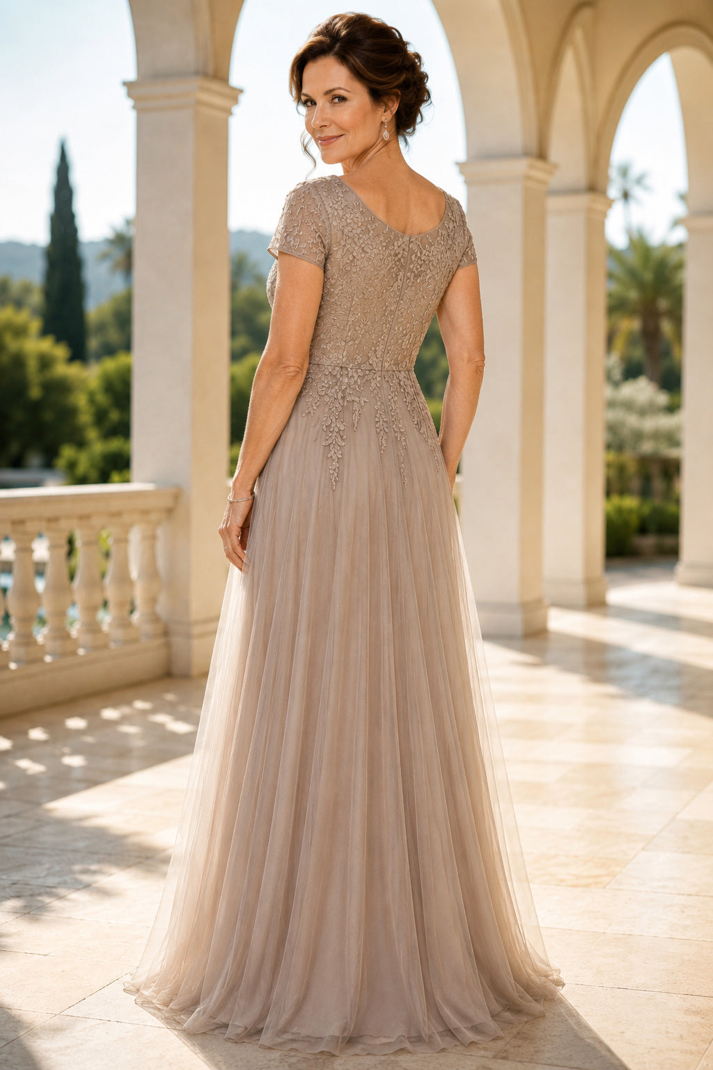 Taupe Beaded Bodice A-Line Mother Dress with Short Sleeves and Tulle Skirt back view
