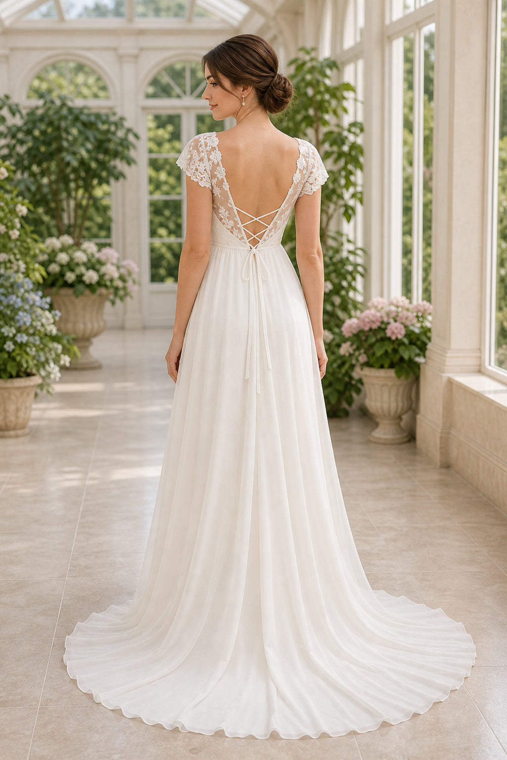 White V-neck A-Line Satin Floor-length Wedding Dress With Front Slit and Beaded Waist and Open Back