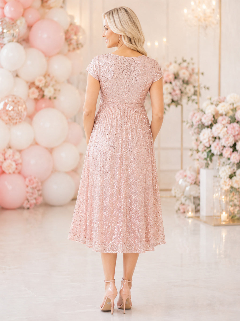 Blushing Pink Maternity Sweetheart Cap Sleeve Sequin A-Line Midi Party Dress back view