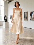 Ivory square neck satin A-line gallery graduation midi dress front view