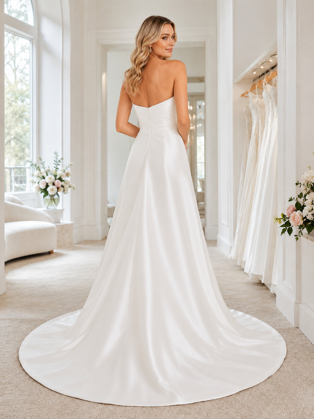 Modern Strapless Satin Wedding A Line Sweetheart Ruched Chapel Train back view