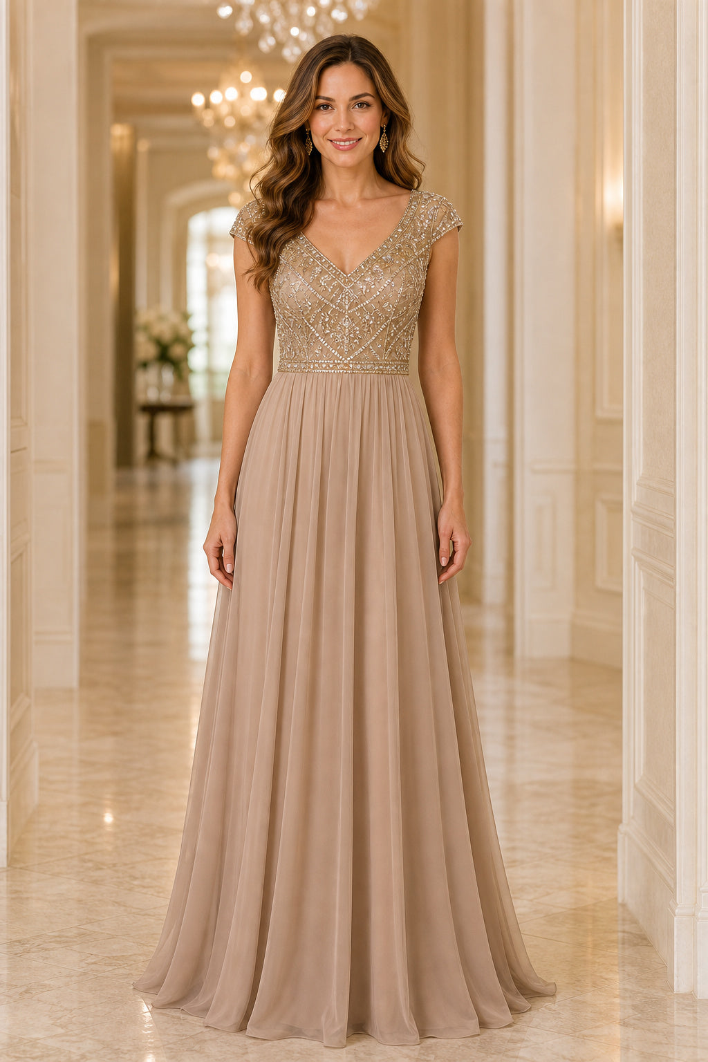 Champagne V-neck Cap Sleeve A-Line Chiffon Floor-Length Dress With Beaded Bodice