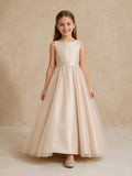 Simple Champagne Satin Tulle Flower Girl Dress front view