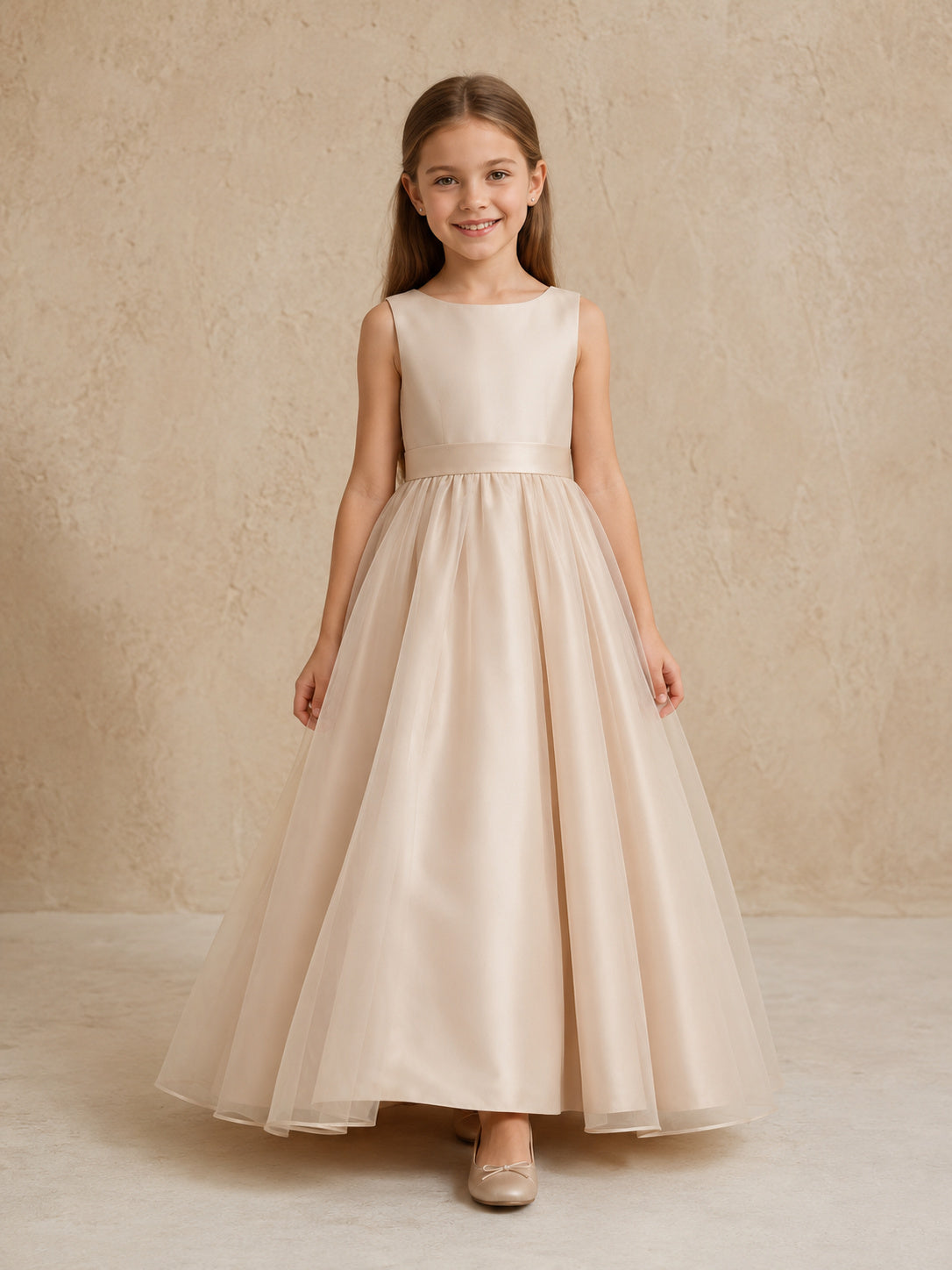 Simple Champagne Satin Tulle Flower Girl Dress front view