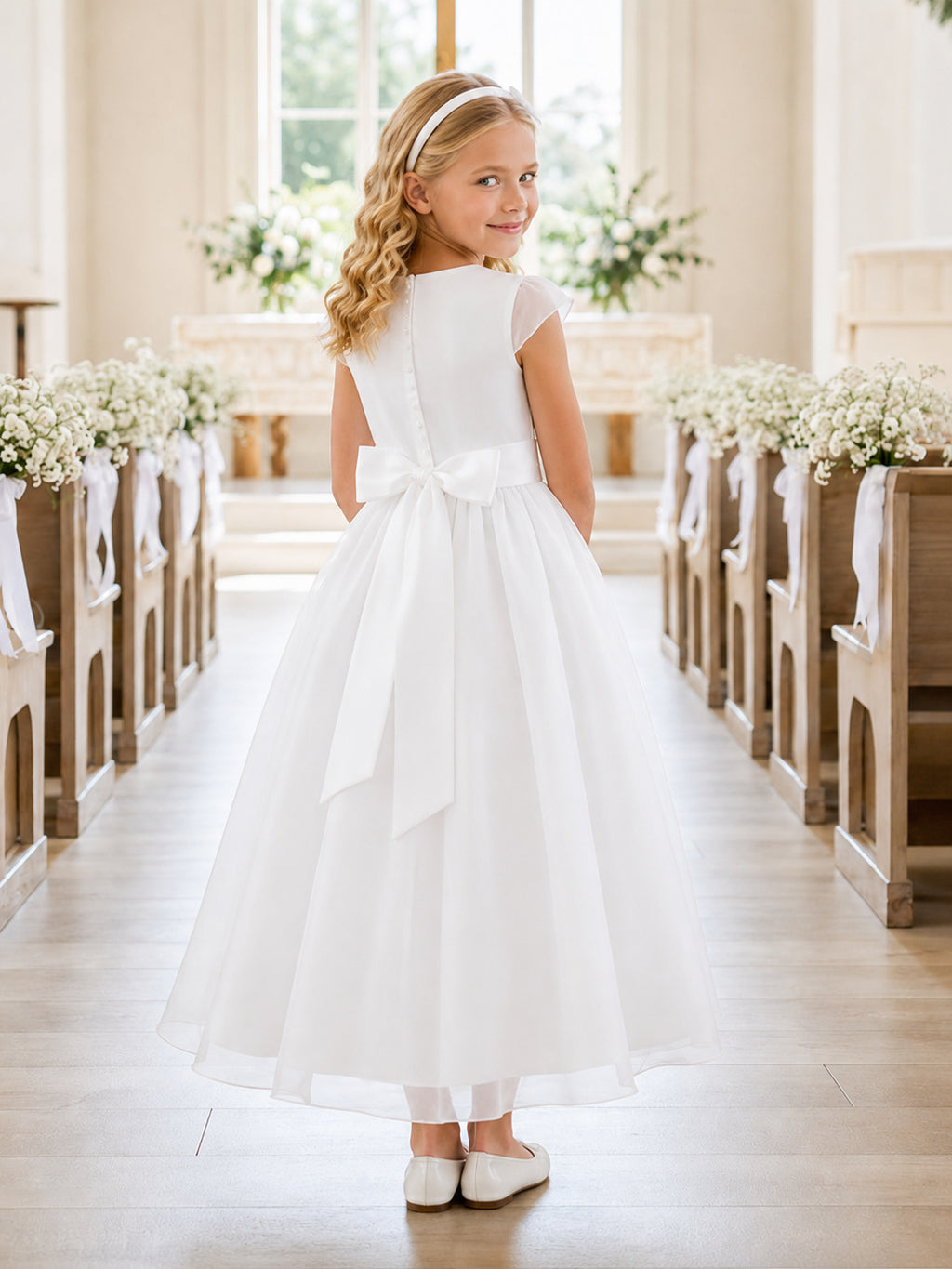 Simple Cap Sleeve Tulle Bow Communion Flowergirl Ankle Length Dress back view