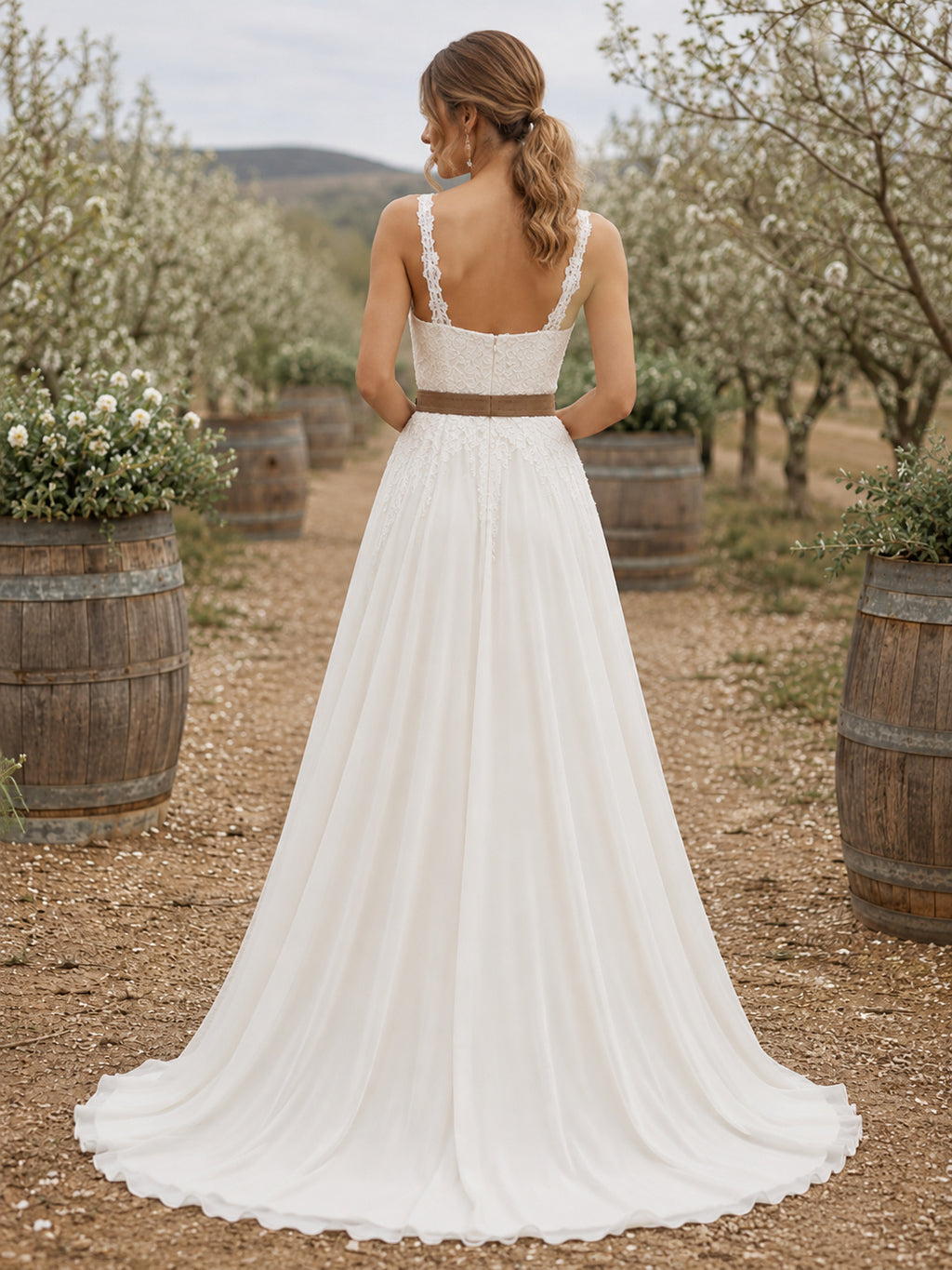 Country Chiffon Wedding Dress A-Line Square Neck Sleeveless Sweep Train Bridal Gown back view