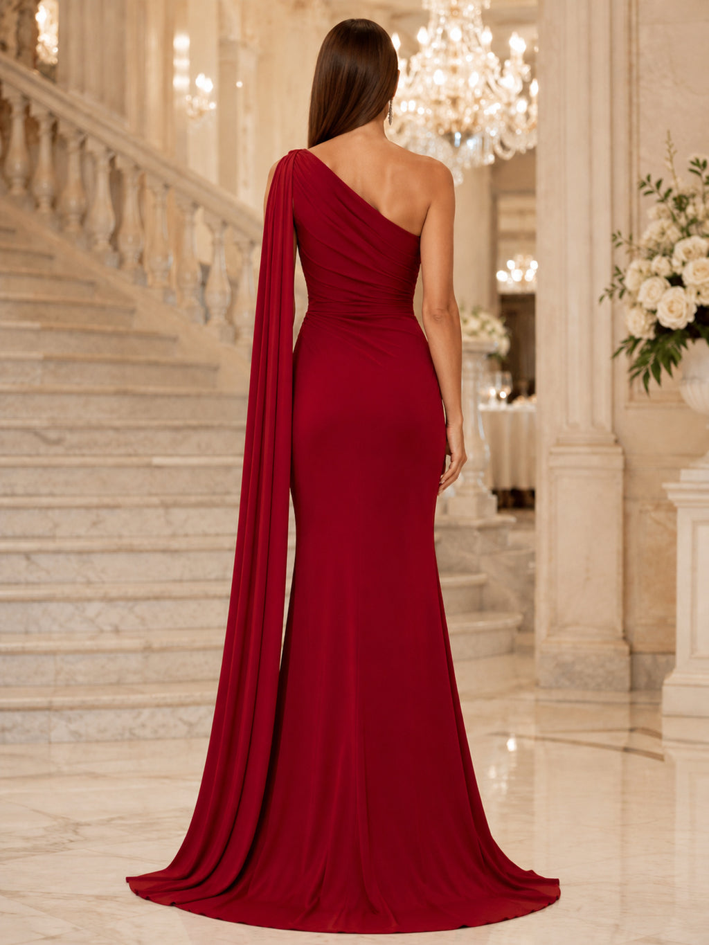 Red One Shoulder Satin Draped Formal Evening Gown back view