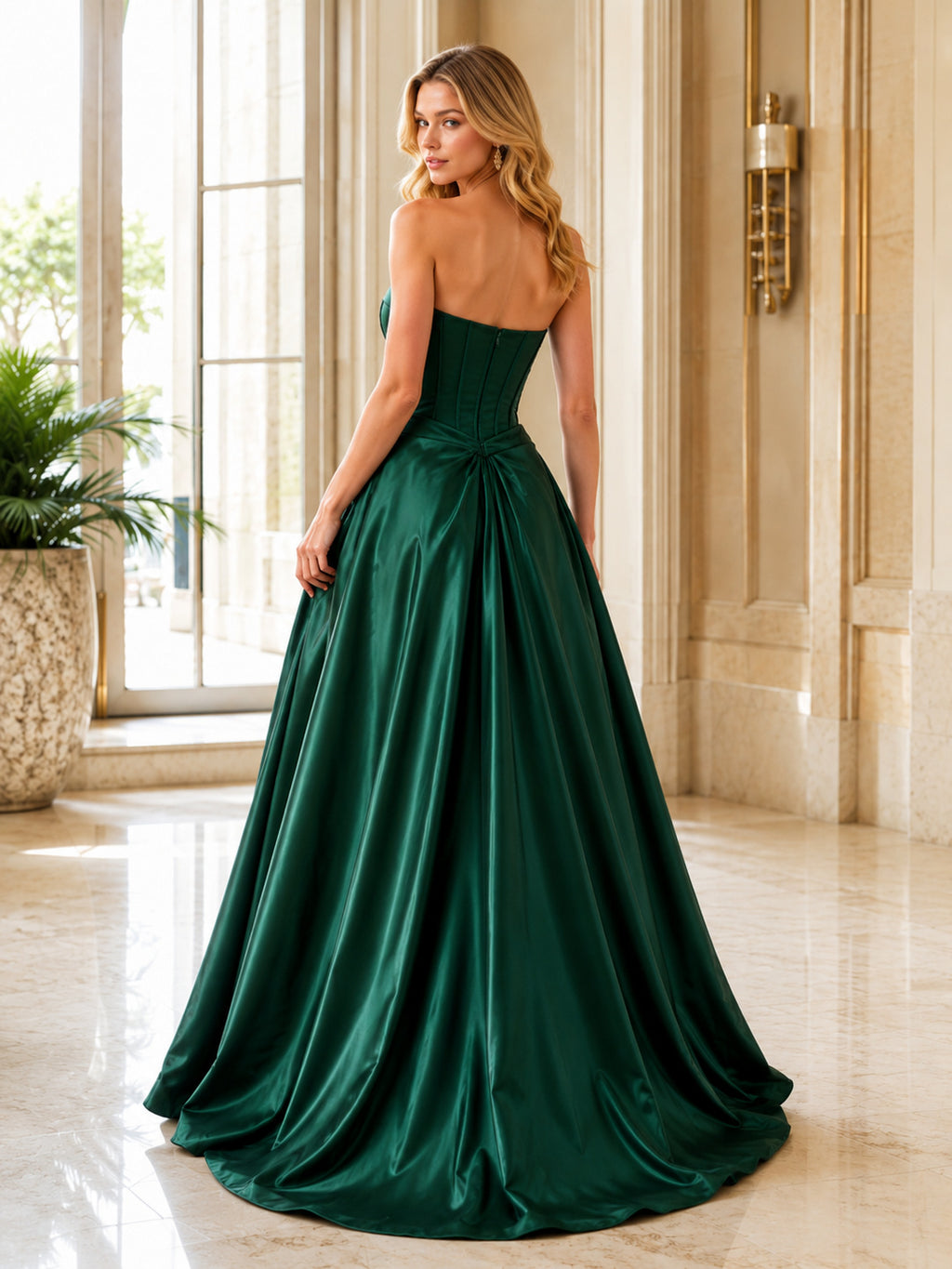 Dark Green Strapless Corset Satin Ball Gown Formal Dress back view