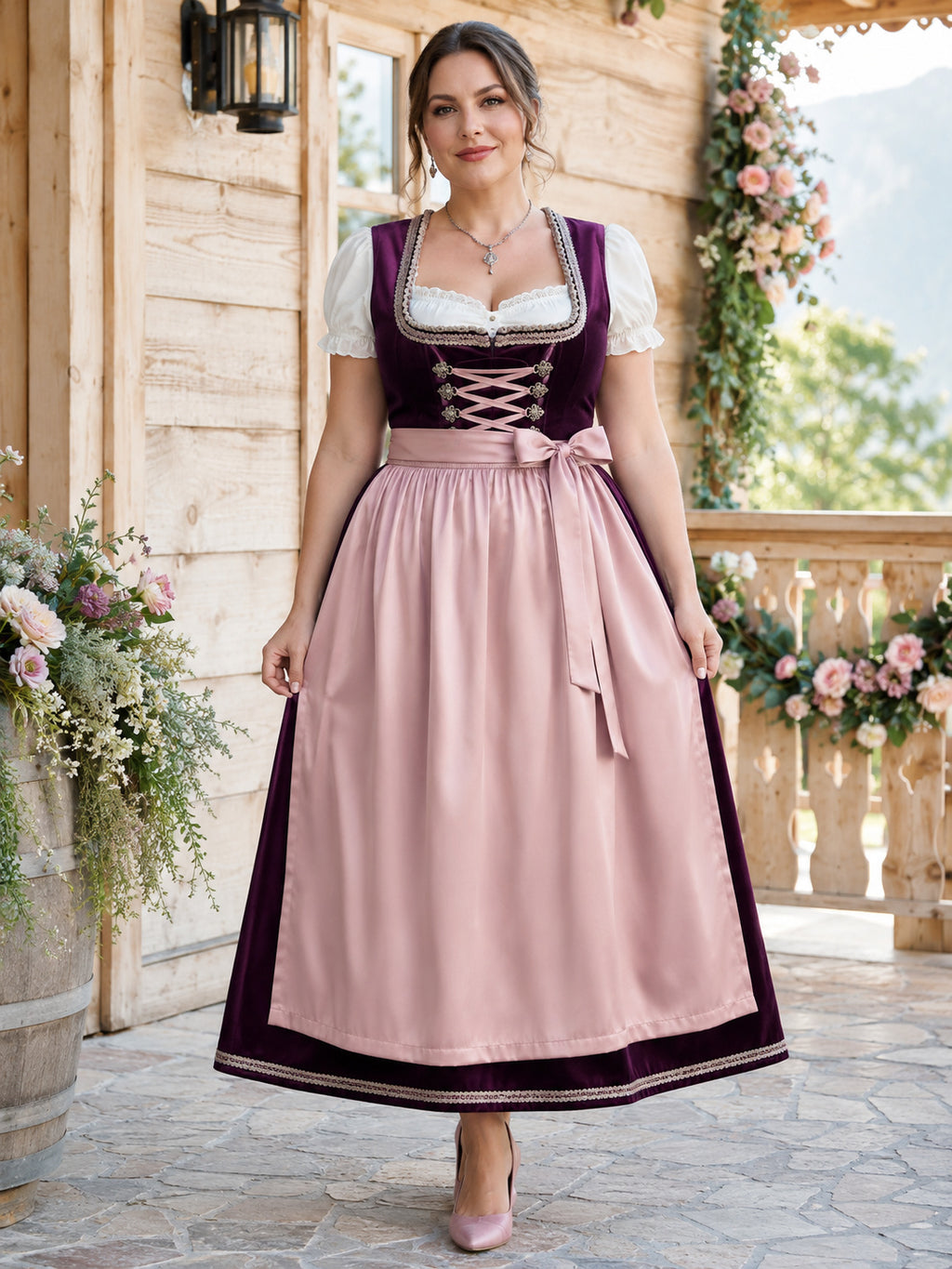 Plus Size Plum Velvet Dirndl Tea Length Puff Sleeve Blush Satin Apron front view