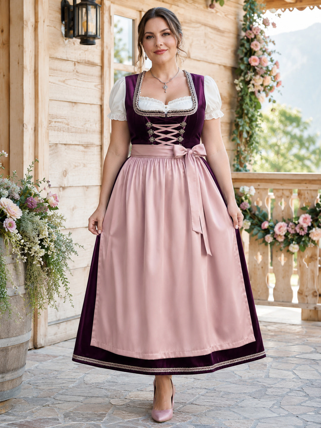 Plus Size Plum Velvet Dirndl Tea Length Puff Sleeve Blush Satin Apron front view