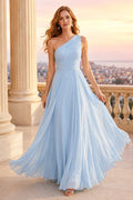 Sky Blue One-Shoulder Chiffon A-Line Bridesmaid Dress with Pleated Bodice and Flowing Skirt front view