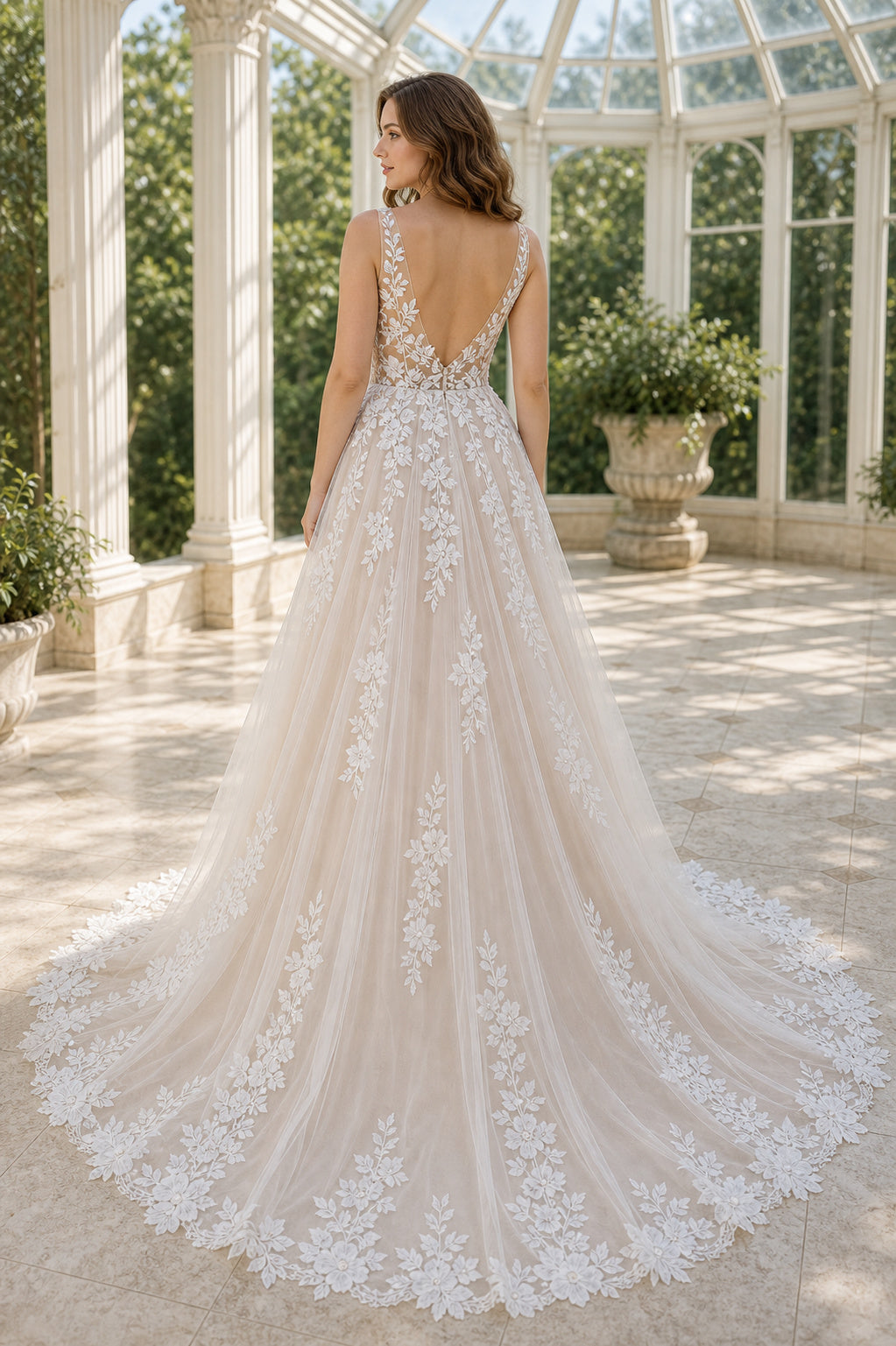 White V-neck Long Sleeves Sheath Chiffon Floor-length Wedding Dress With Open Back and Lace Bodice