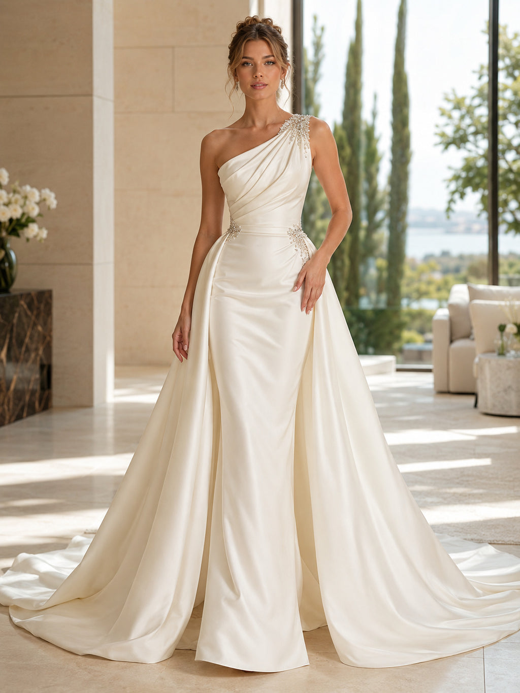 Satin Wedding Dress A-Line One Shoulder Sleeveless Chapel Train Bridal Gown front view