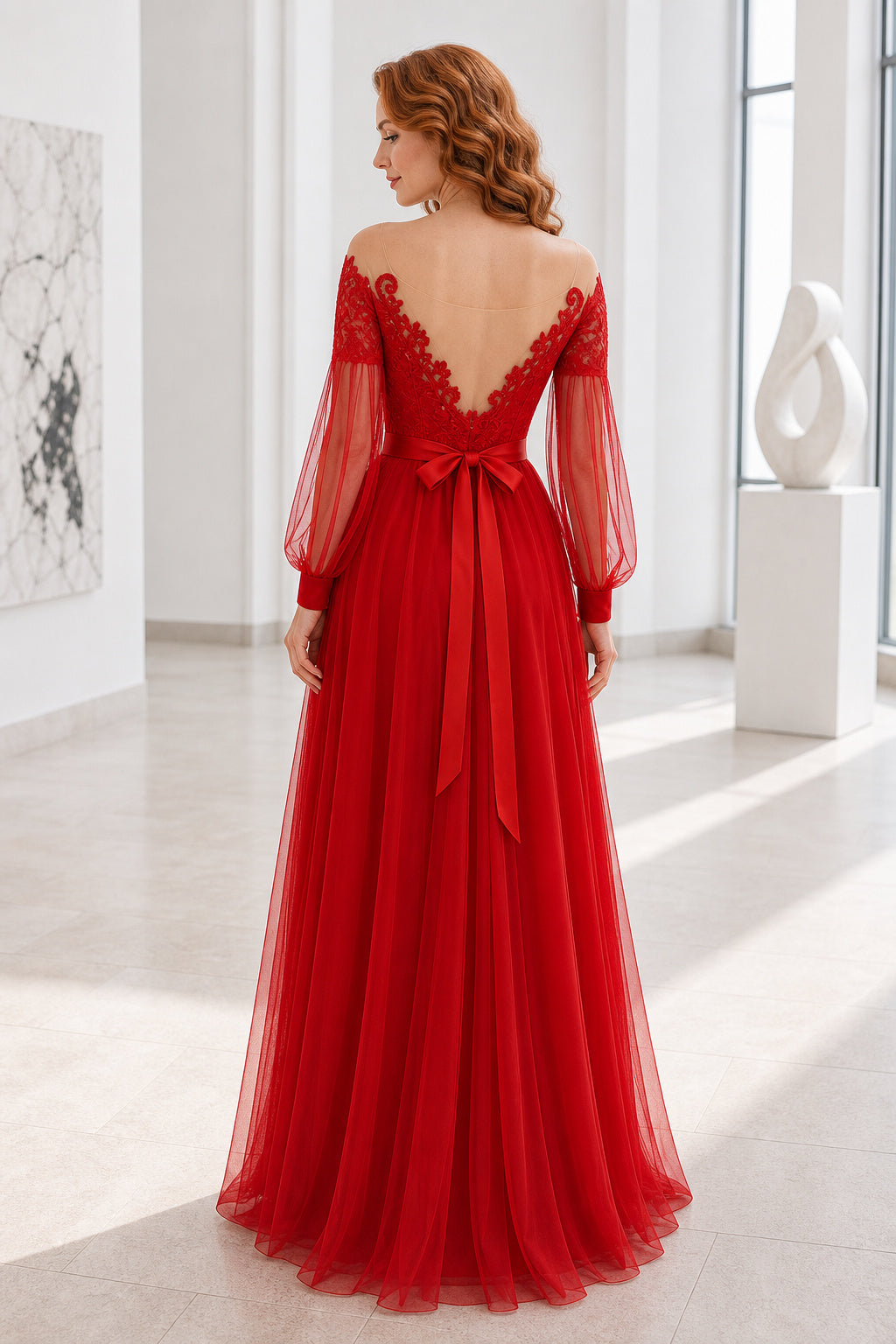 Red Off-the-Shoulder A-Line Tulle Floor-Length Dress With Lace Bodice