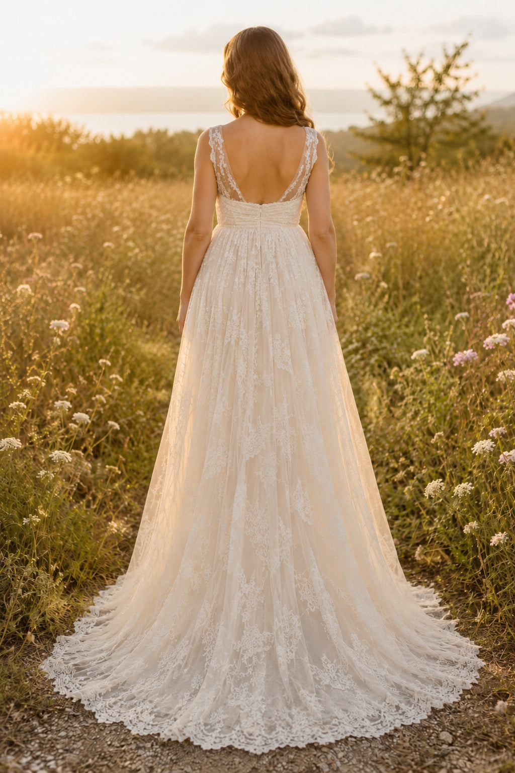 Ivory Maternity Sweetheart Strap Lace A-Line Wedding Dress with Floral Lace Train back view