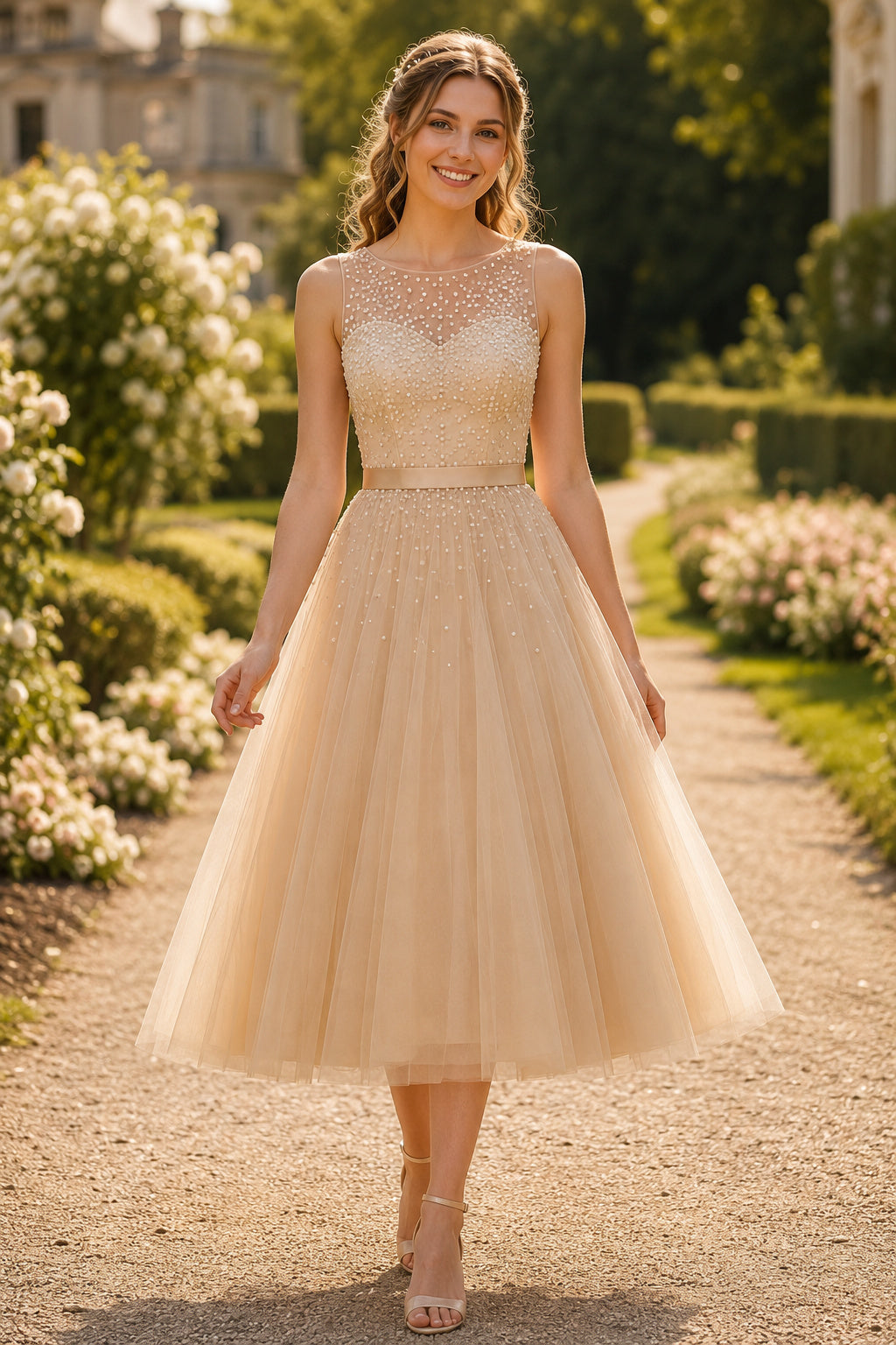 Champagne Lace Cap Sleeve Tea-Length Dress with Full Tulle Skirt front view