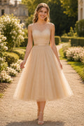 Champagne Lace Cap Sleeve Tea-Length Dress with Full Tulle Skirt front view