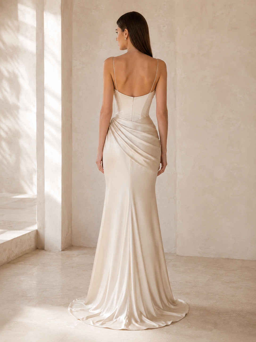 Cowl Neck Bias Satin Slim Sweep Bridal Gown back view