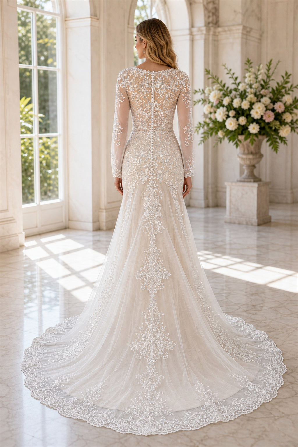 White Square Mermaid Crepe, Lace Floor-length Wedding Dress With Lace and Floral Appliques and Open Back