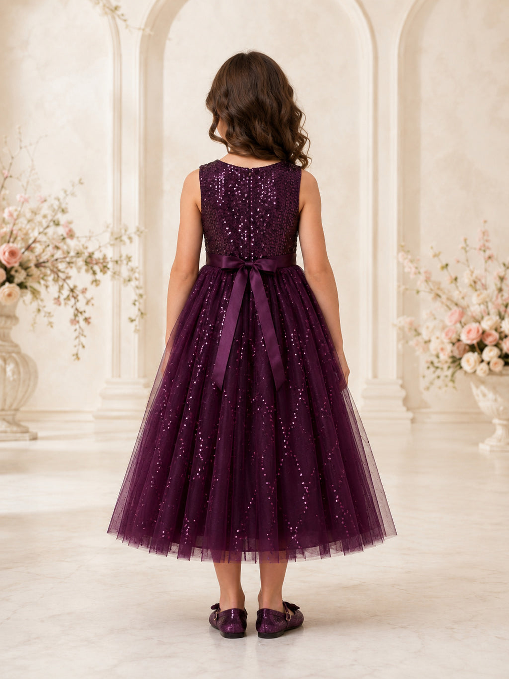Plum Sequined Tulle Sleeveless A-Line Flower Girl Party Tea-Length Sash Dress back view