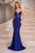 Royal Blue Strapless Beaded Mermaid Prom Dress with Sweetheart Neck and Sweep Train front view
