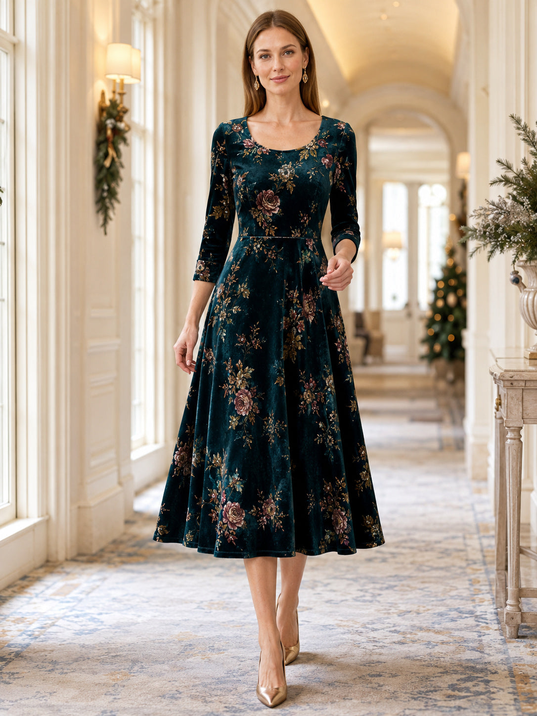 Teal Floral Velvet Jewel Neck Three-Quarter Sleeve A-Line Midi Dress front view