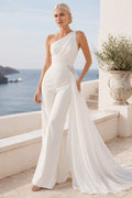 White One-Shoulder Draped Bridal Jumpsuit with Side Train front view
