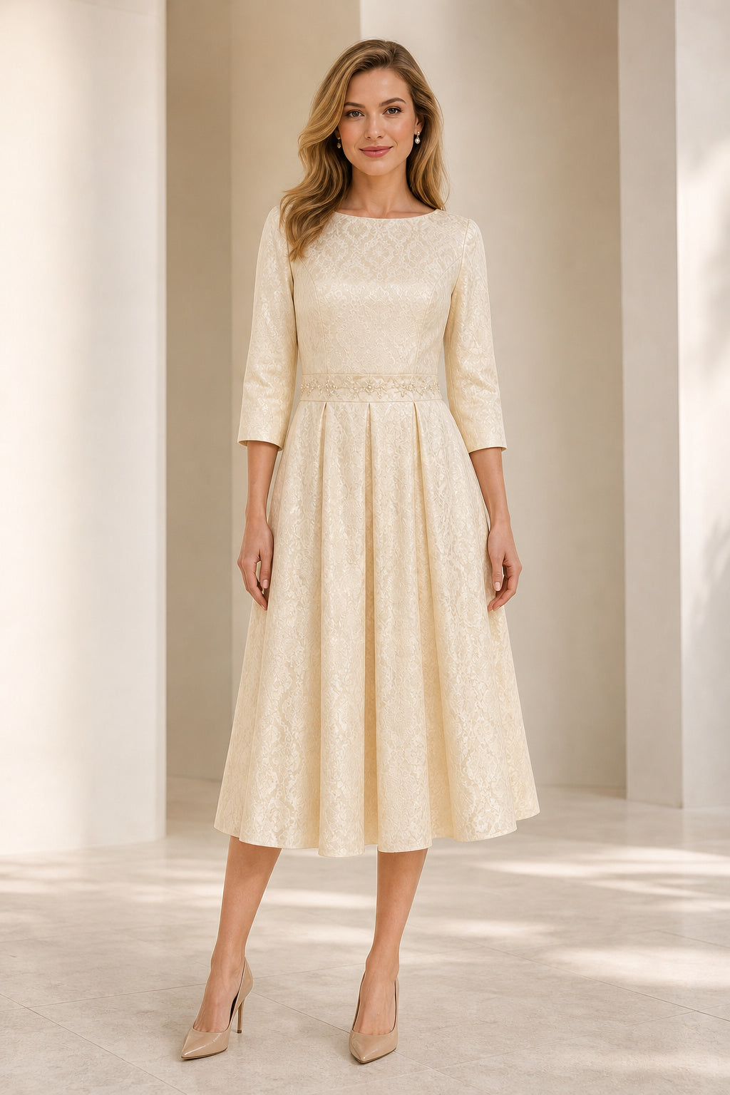 Champagne Bateau Three-Quarter Sleeves Mermaid Lace Tea-length Dress With Lace and Open Back