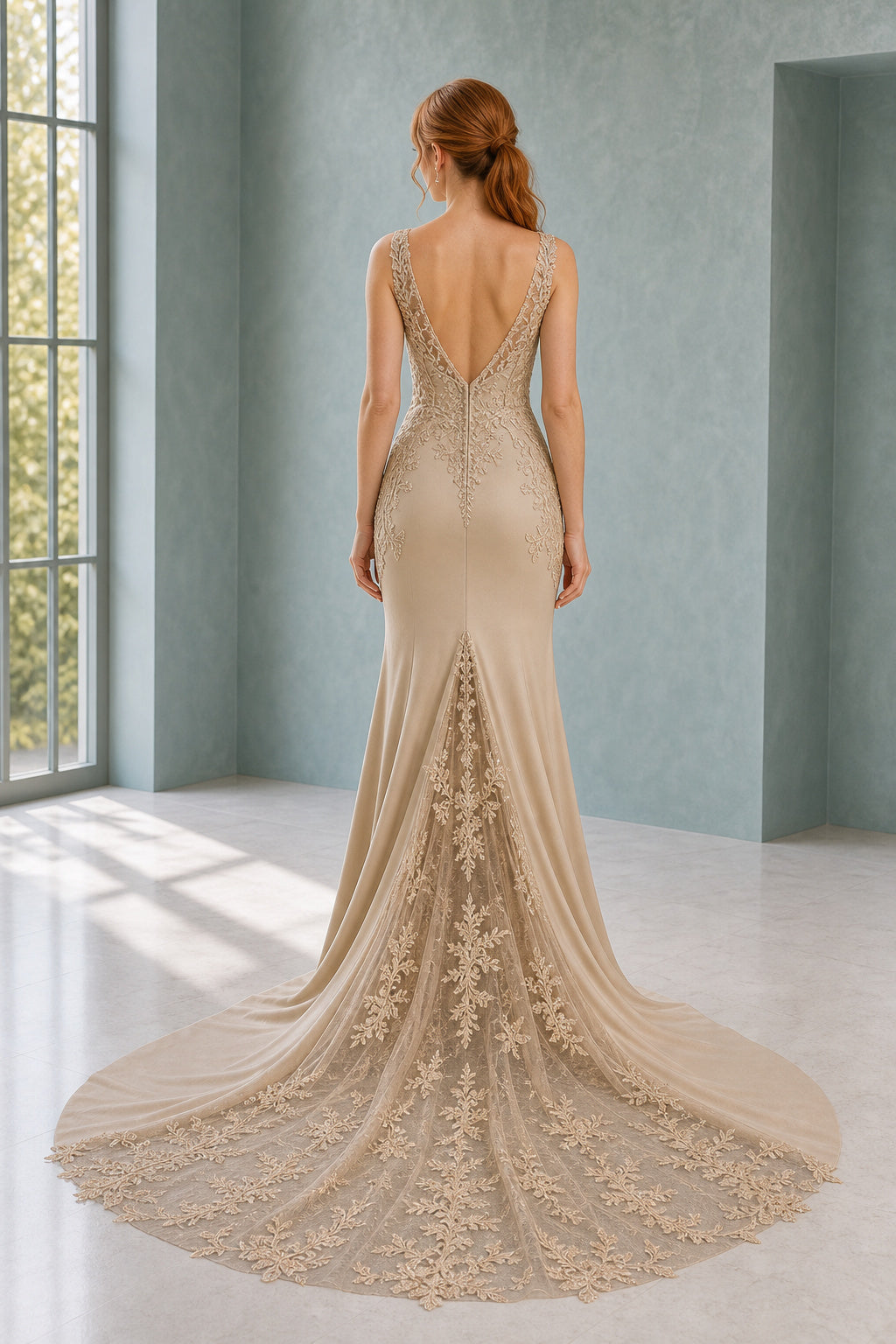 Champagne V-neck Mermaid Lace Floor-length Formal Dress With Lace and Train