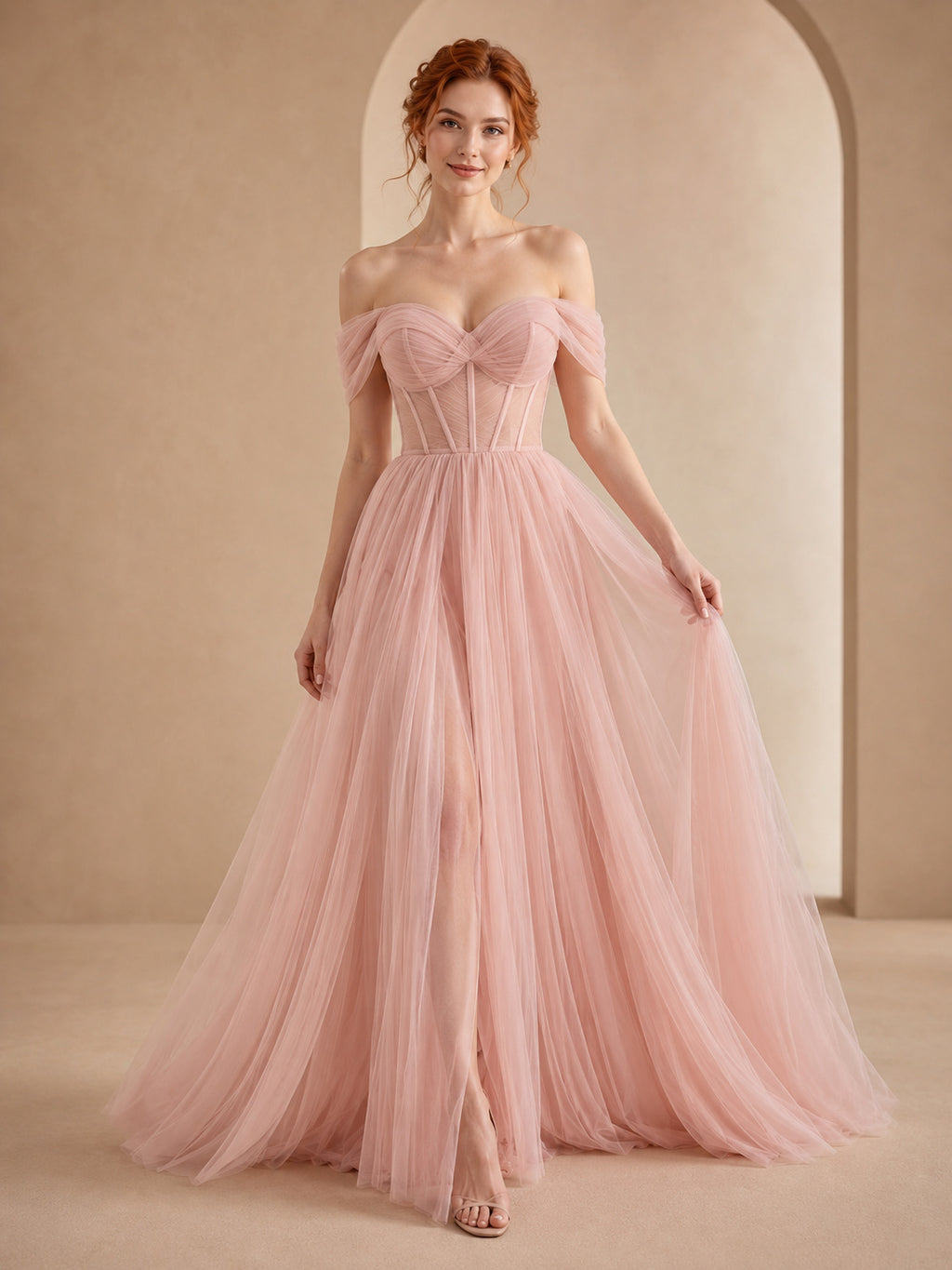 Blush off shoulder corset tulle ball gown prom dress front view