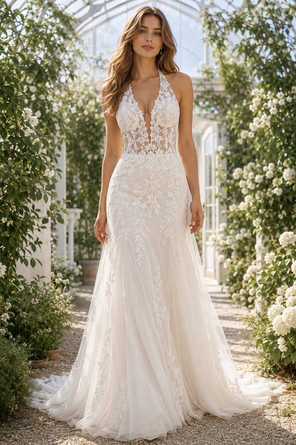 Ivory Sexy Halter Neck Mermaid Lace Tulle Wedding Dress with Halter Straps and Sweep Train front view