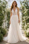 Ivory Sexy Halter Neck Mermaid Lace Tulle Wedding Dress with Halter Straps and Sweep Train front view