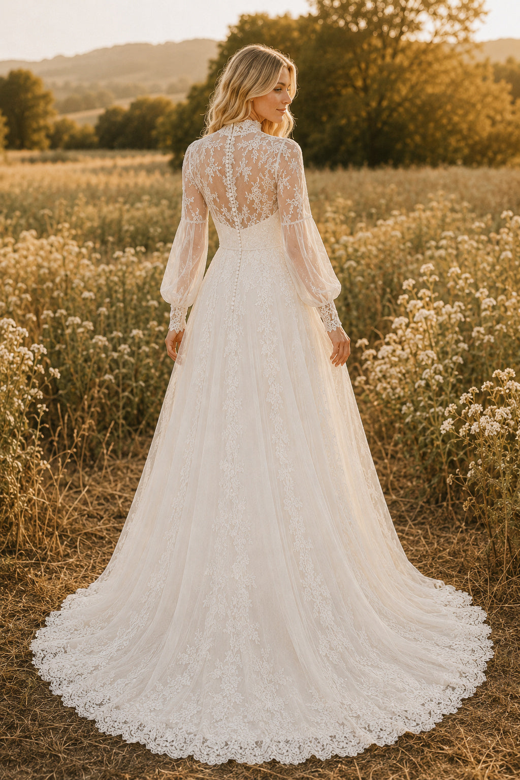 Ivory High Neck Long Sleeve Lace A-Line Wedding Dress Chapel Train for Wedding Ceremony and Reception Style MG_701486 back vi