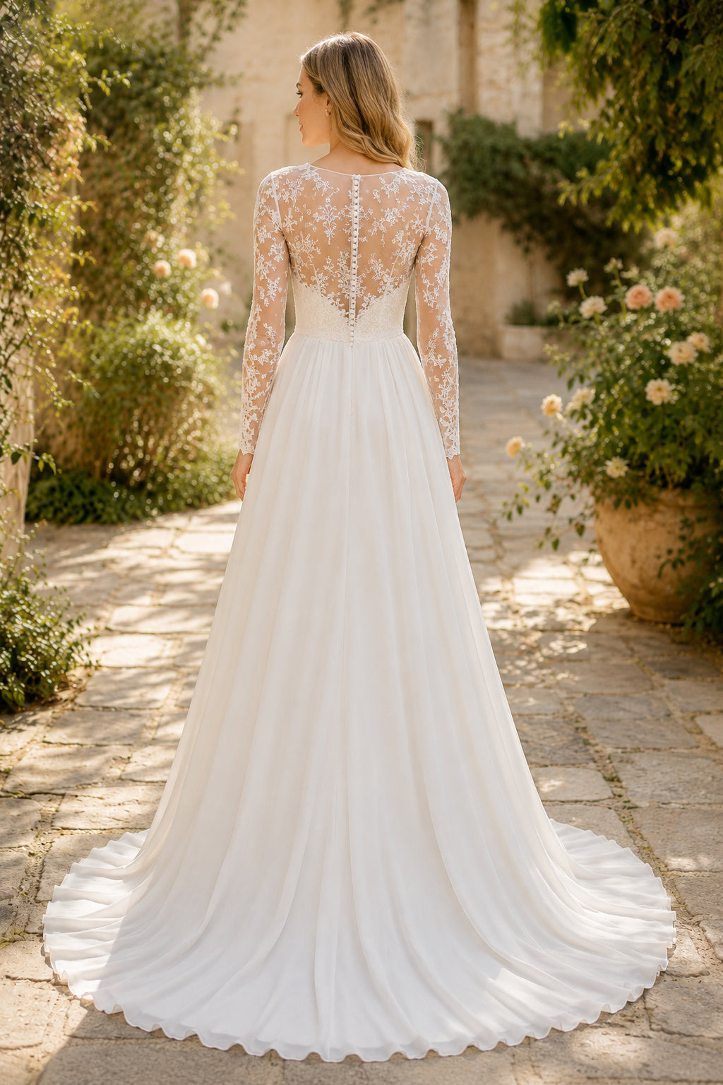 Long Sleeve Illusion A-Line Wedding Dress with Lace Bodice and Chiffon Train for Beach Garden Ceremony back view