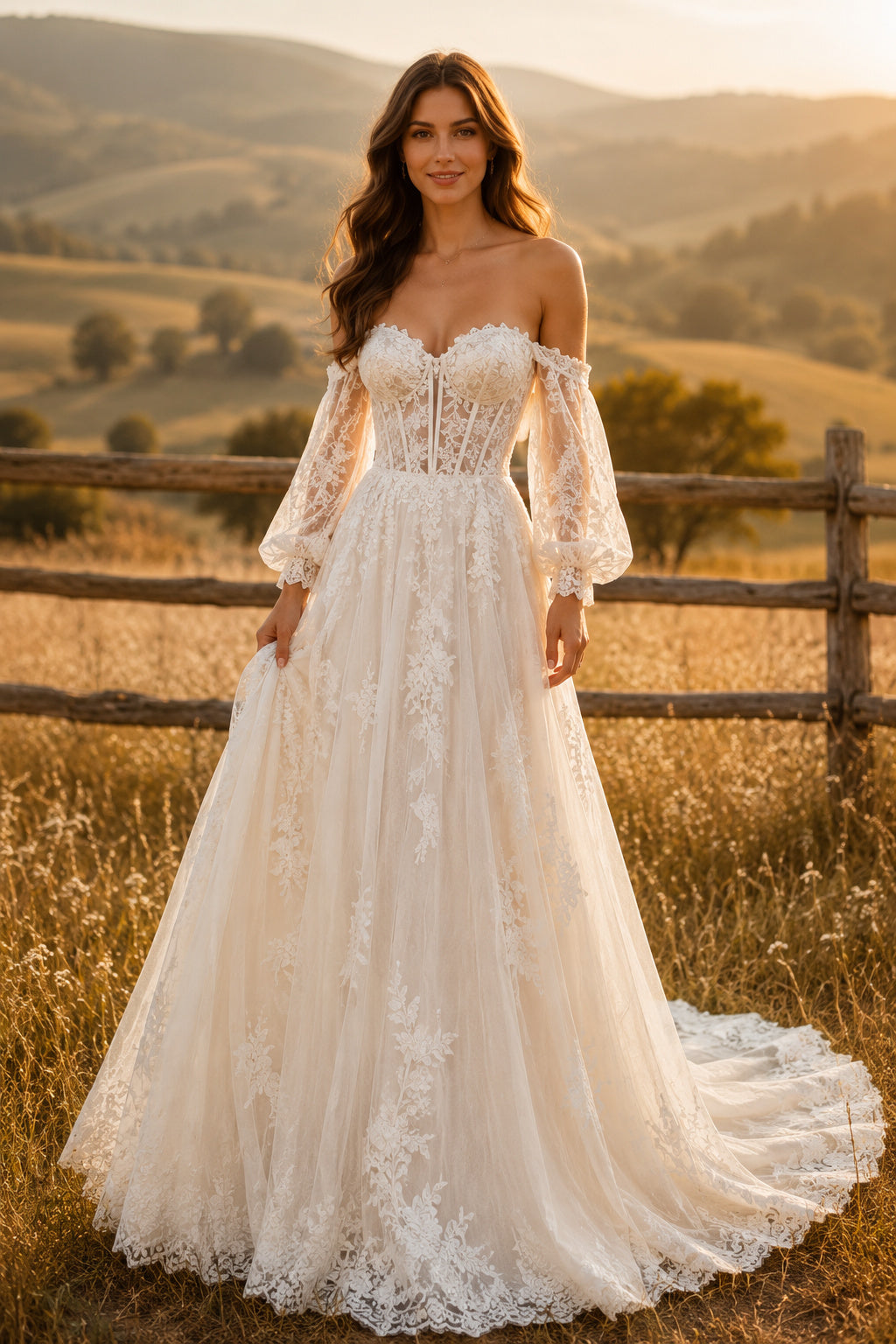 Off the Shoulder Bell Sleeve A-Line Wedding Dress with Lace Bodice and Long Train front view
