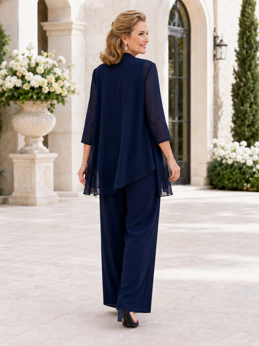 Dark Navy Wide-Leg Modest Mother of the Bride Pantsuit with Jewel Neck Layered Tunic Three-Quarter Chiffon Jacket and Palazzo