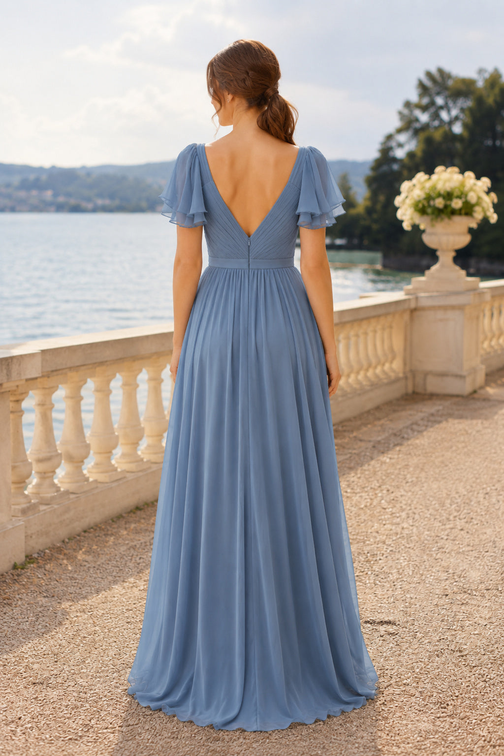 Steel Blue Sweetheart Chiffon A-Line Bridesmaid Dress with Flutter Sleeves and Soft Skirt back view