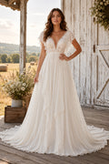 Rustic V-Neck Sleeveless A-Line Wedding Dress with Lace Bodice and Soft Tulle Train front view