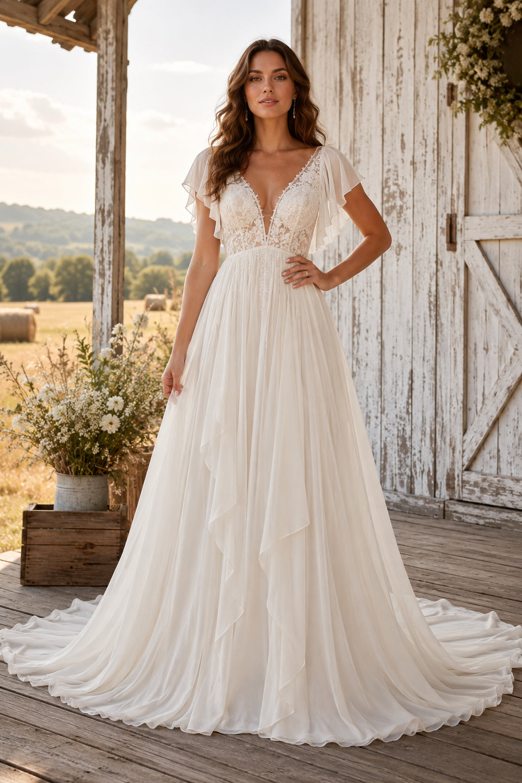 Rustic V-Neck Sleeveless A-Line Wedding Dress with Lace Bodice and Soft Tulle Train front view