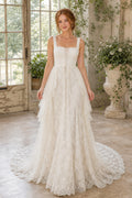 White Square A-Line Lace Floor-length Wedding Dress With Lace and Train and Open Back