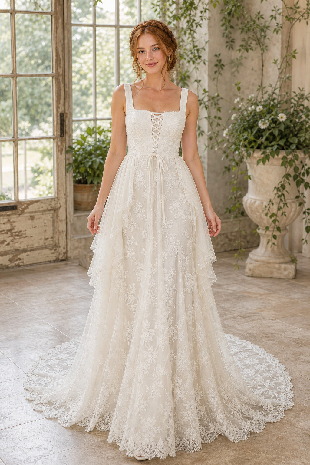 White Square A-Line Lace Floor-length Wedding Dress With Lace and Train and Open Back