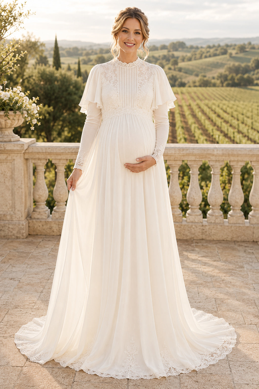 Ivory Maternity High Neck Cape Sleeve Chiffon A-Line Wedding Dress with Sheer Back front view